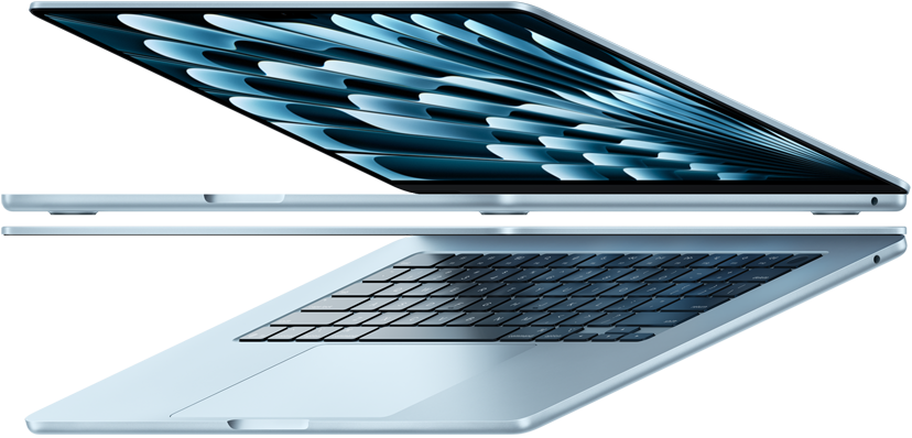 Dois notebooks MacBook Air na cor azul-céu abertos e formando uma seta para ressaltar o design fino